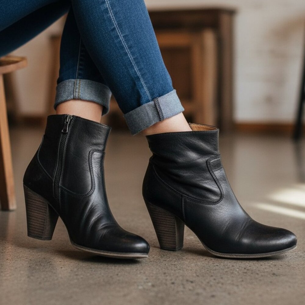 Ann Tuil Champs Elysees Womens Heel Ankle Boots Leather Side Zip Sz US 7.5 EU 38